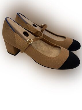 Rothy’s Mary Jane Block Heel Shoes Tan Black Cap Toe Sz 12 NEW